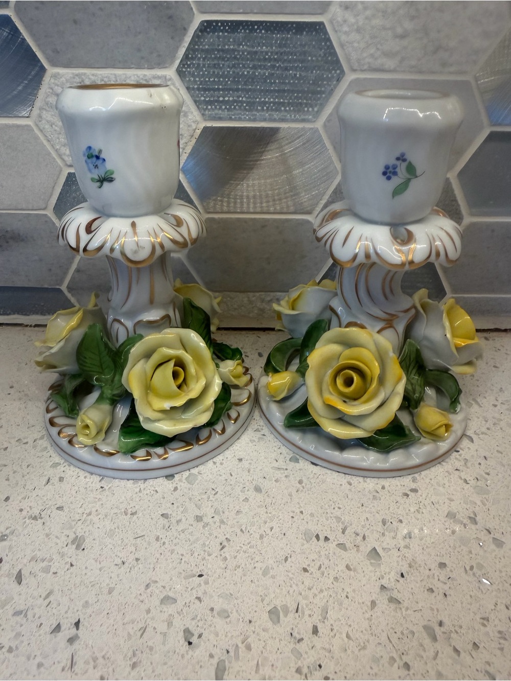 RARE Vintage Herend Porcelain Yellow Rose Candle Holders
